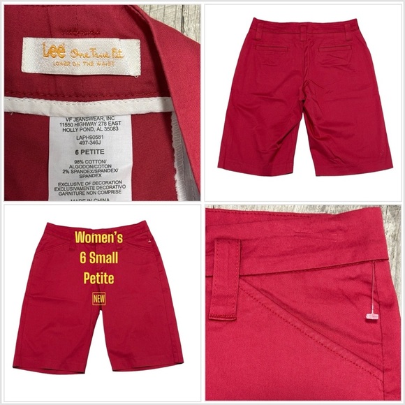 Women's Lee 6 Small Petite Bermuda Shorts Red Twill Mid Rise Stretch NWOT - Picture 1 of 7